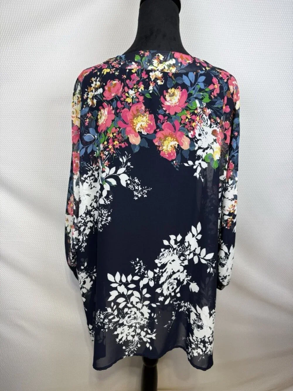 Roz & Ali Kimono Cardigan Womens 2X Plus Pink Blue Floral Sheer Open Front Boho - Picture 3 of 12